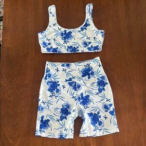 Love Shack Fancy Blue & White Activewear Bicycle Short and Bra Set Size S NWOT